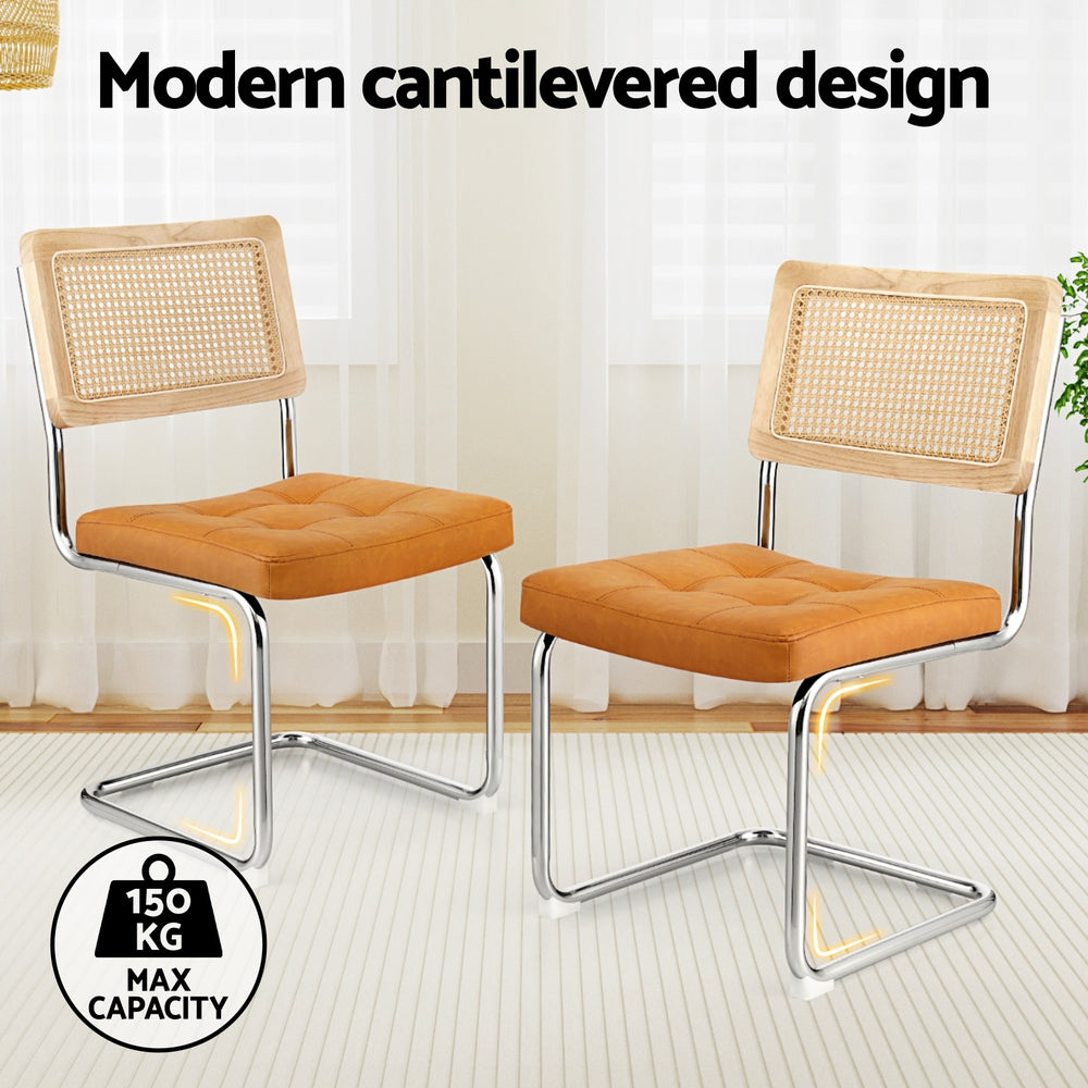 Dining Chairs Set 2pc | Cantilever Design | PU Leather + Rattan | Brown