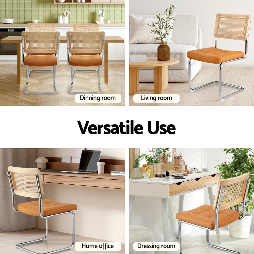 Dining Chairs Set 2pc | Cantilever Design | PU Leather + Rattan | Brown