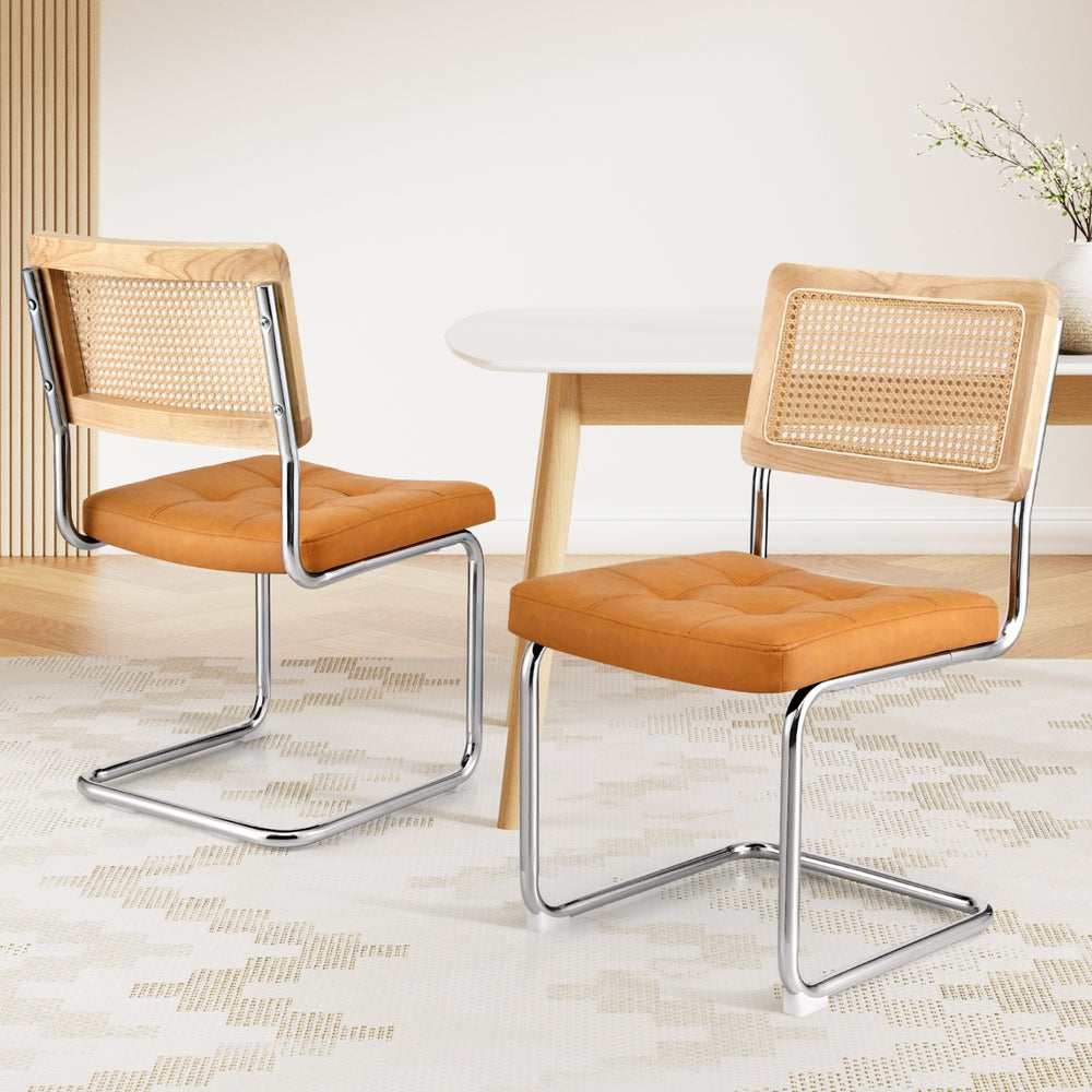 Dining Chairs Set 2pc | Cantilever Design | PU Leather + Rattan | Brown