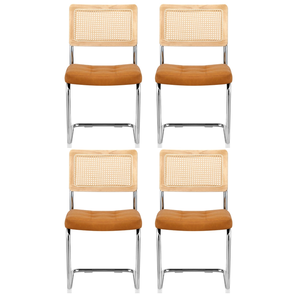 Dining Chairs Set 4pc | Cantilever Style | PU Leather Rattan | Brown