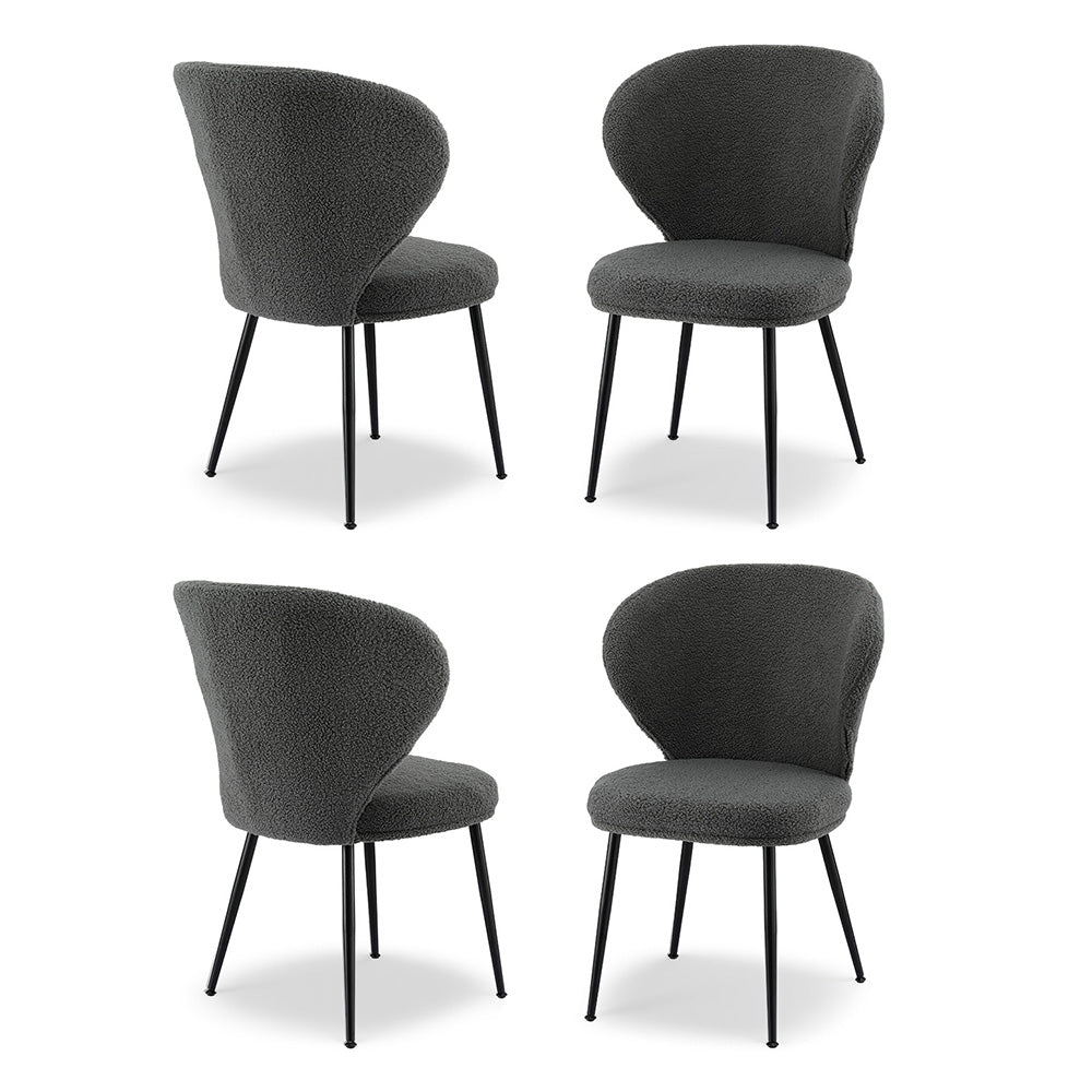 Boucle Sherpa Dining Chairs Set 4pc | Wingback Design | Grey