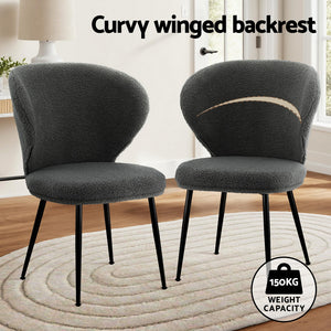 Boucle Sherpa Dining Chairs Set 4pc | Wingback Design | Grey
