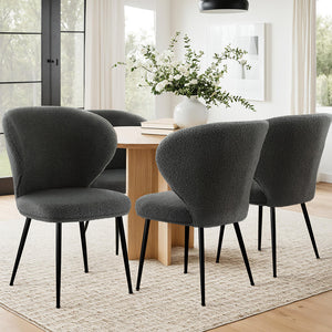 Boucle Sherpa Dining Chairs Set 4pc | Wingback Design | Grey