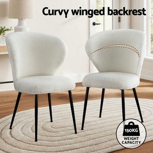 Dining Chairs Set 2pc | Sherpa Boucle | Wingback Design | White