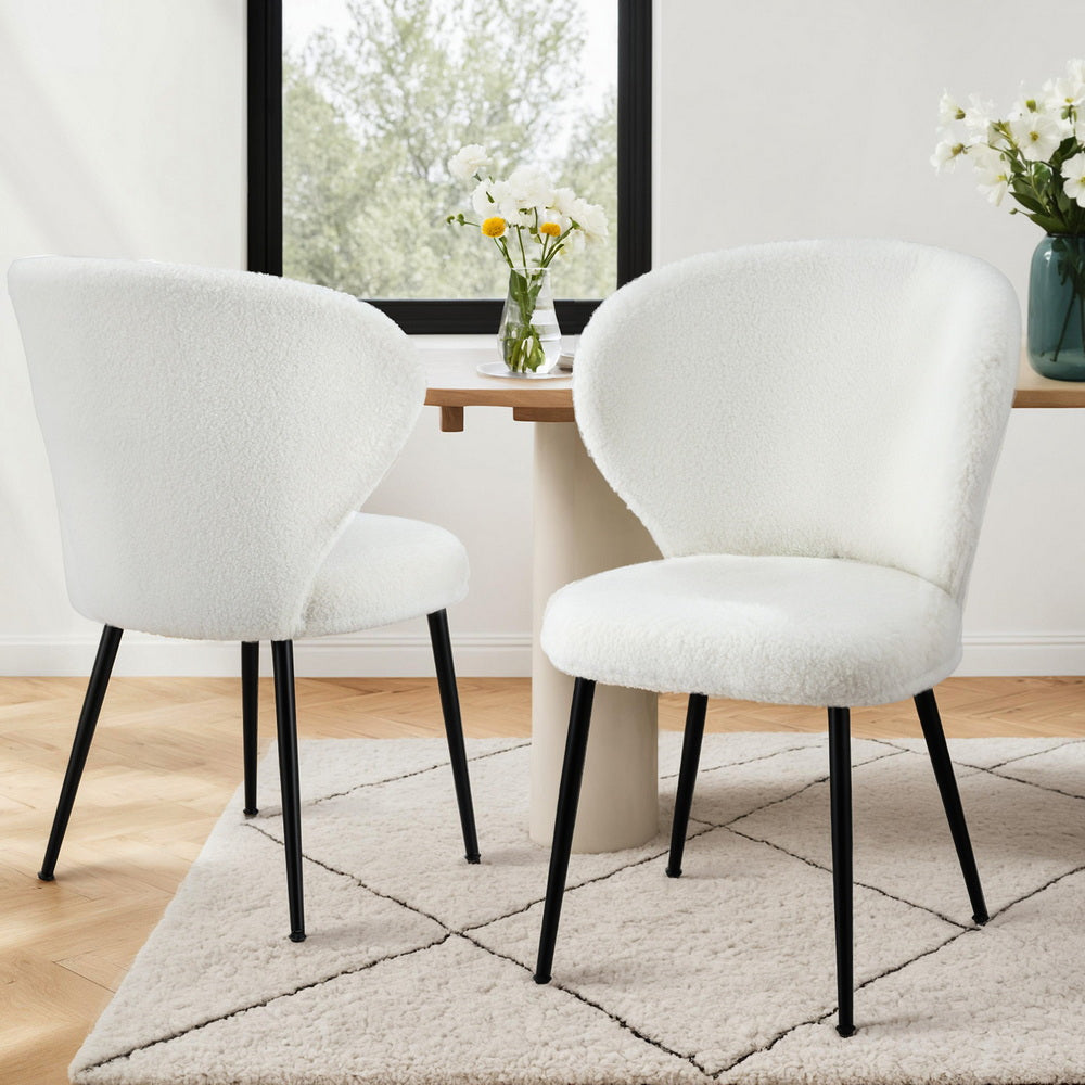 Dining Chairs Set 2pc | Sherpa Boucle | Wingback Design | White