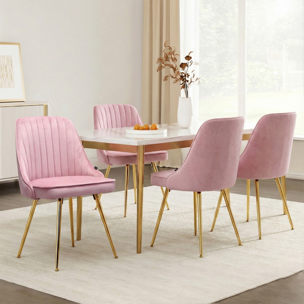 Dining Chairs Set 4pc | Velvet Channel Tufting | Pink