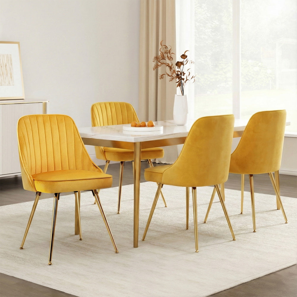 Dining Chairs Set 4pc | Velvet Channel Tufted | Yellow