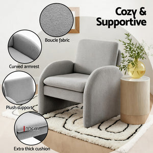 Boucle Tub Accent Chair | Curved Arms | Grey