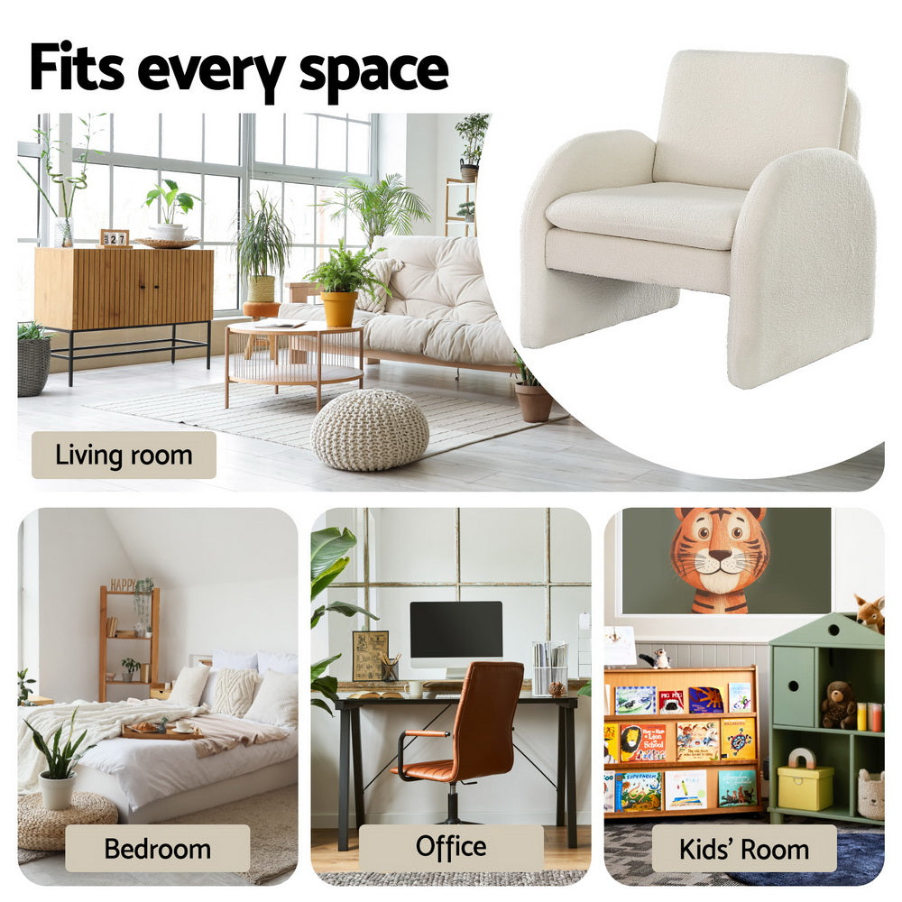 Artiss Accent Chair | Curved Tub Sofa | Lounge Armchair | Boucle Fabric | White