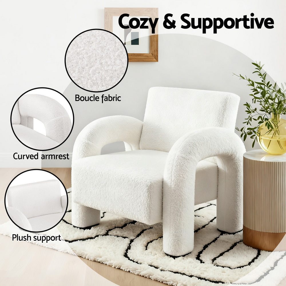 Boucle Accent Armchair | Curved Seat Lounge Chair | White