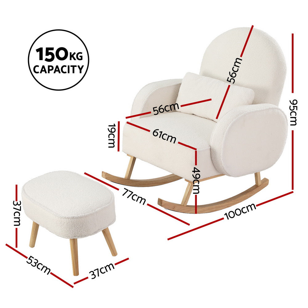 Artiss Rocking Chair Set | Armchair + Ottoman | Boucle Fabric | White
