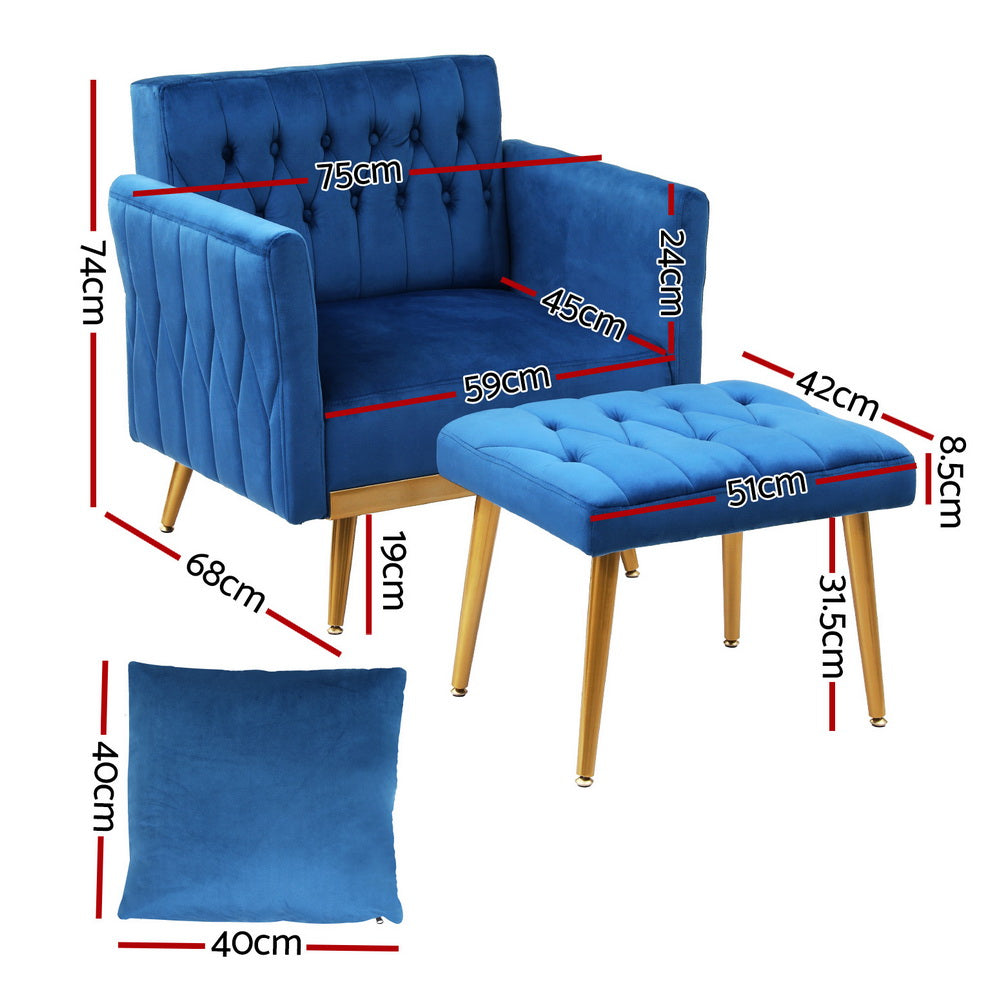 Armchair Ottoman | Accent Chair | Pillow | Velvet | Blue