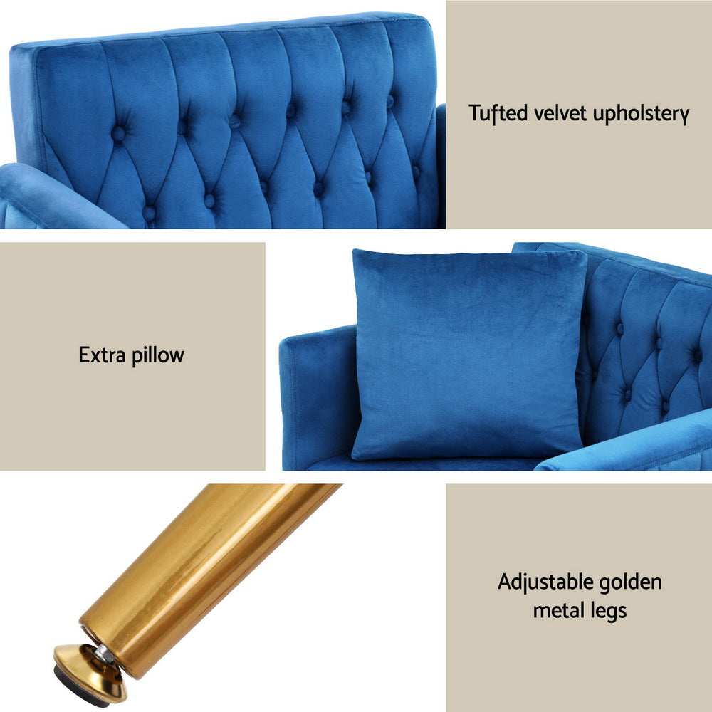 Armchair Ottoman | Accent Chair | Pillow | Velvet | Blue