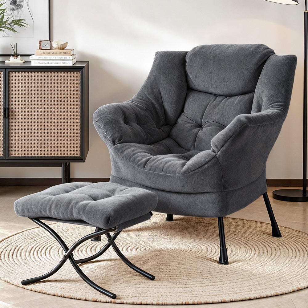 Accent Chair Ottoman | Velvet Lounge Footrest | Grey