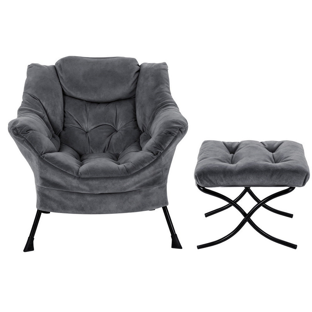 Accent Chair Ottoman | Velvet Lounge Footrest | Grey
