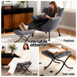 Accent Chair Ottoman | Velvet Lounge Footrest | Grey