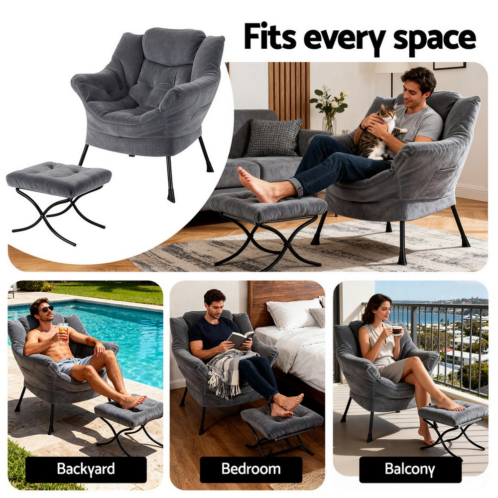 Accent Chair Ottoman | Velvet Lounge Footrest | Grey
