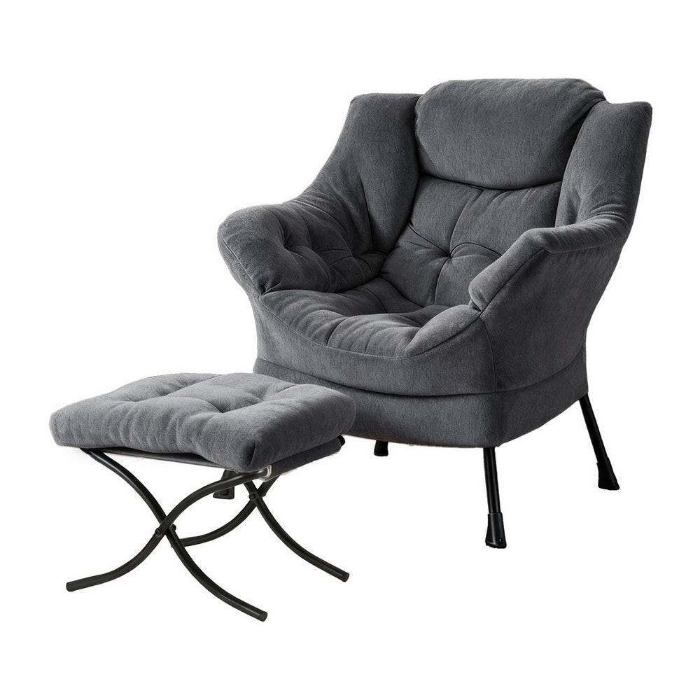 Accent Chair Ottoman | Velvet Lounge Footrest | Grey
