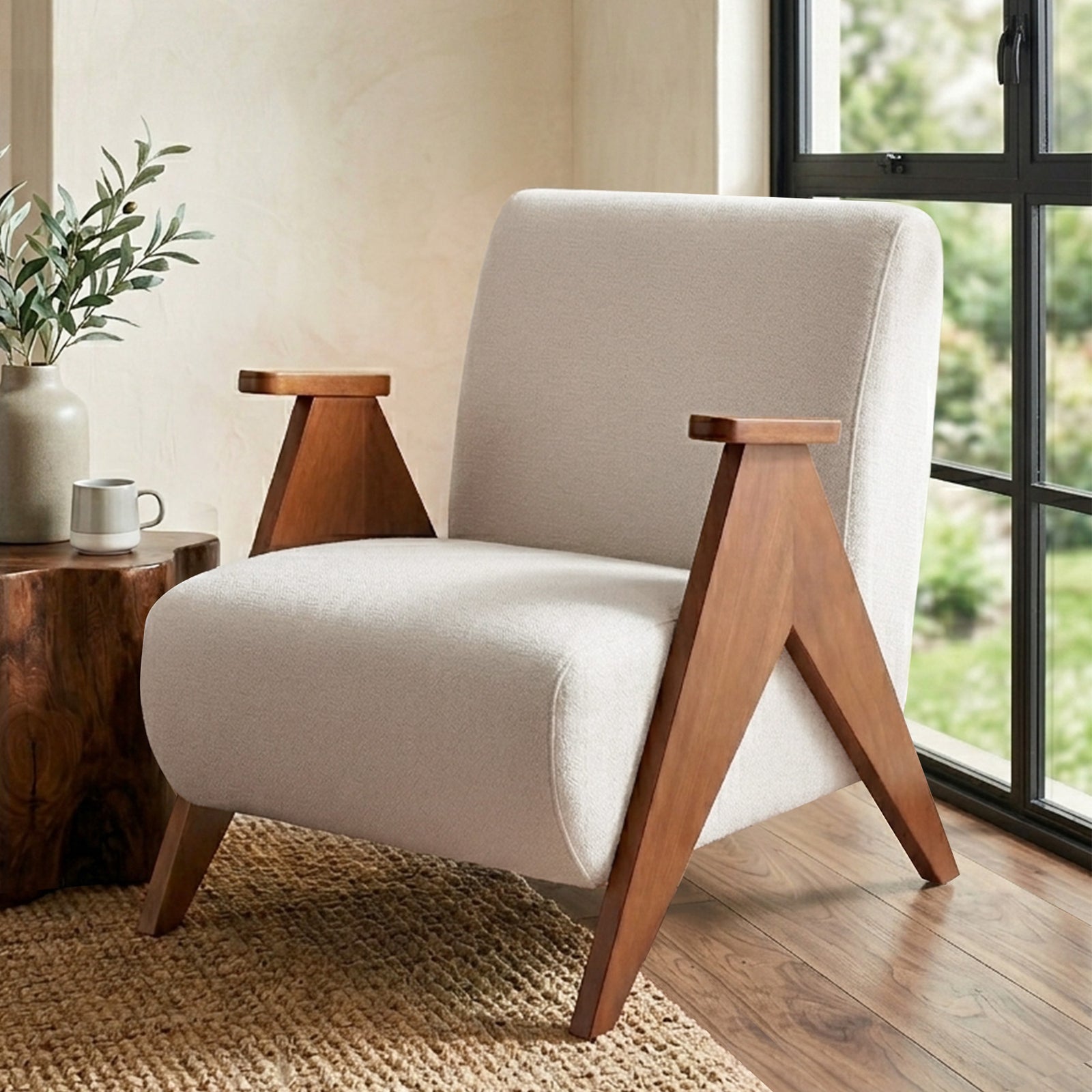 Chenille Armchair | Upholstered Accent Chair | Solid Wood Frame | White