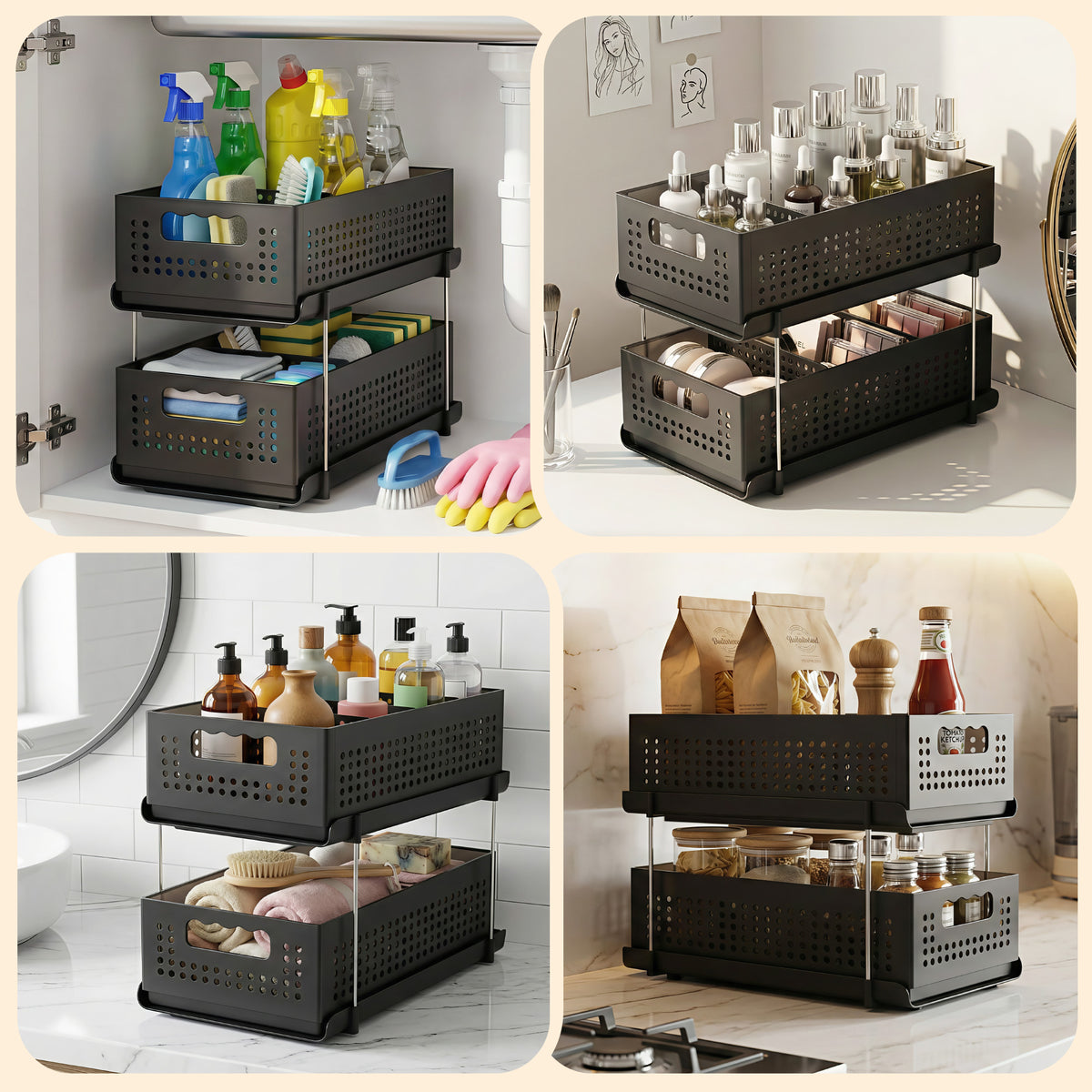 Under Sink Organiser | 2 Tier Pull Out Drawers | Removable Baskets