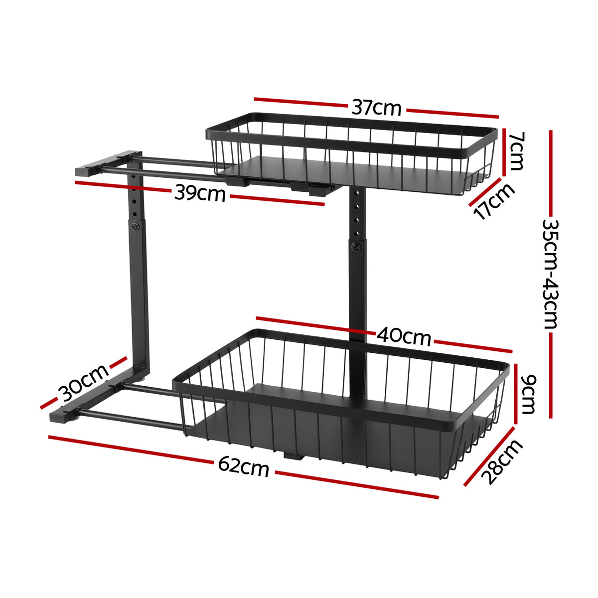 Under Sink Organiser | 2 Slide Out Drawers | Adjustable Height | Black