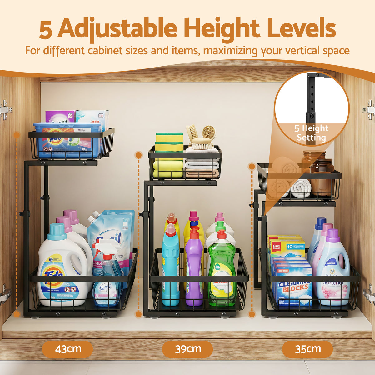 Under Sink Organiser | 2 Slide Out Drawers | Adjustable Height | Black