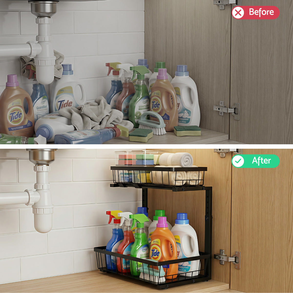 Under Sink Organiser | 2 Slide Out Drawers | Adjustable Height | Black