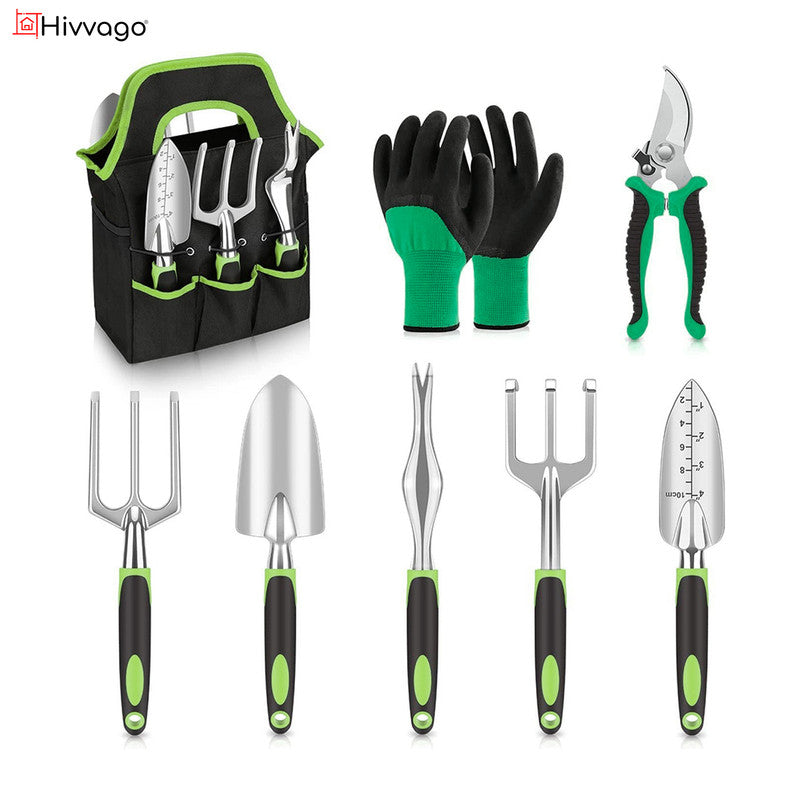 Hivvago Garden Tool Set 8-Piece | Stainless Steel with Tote & Gloves