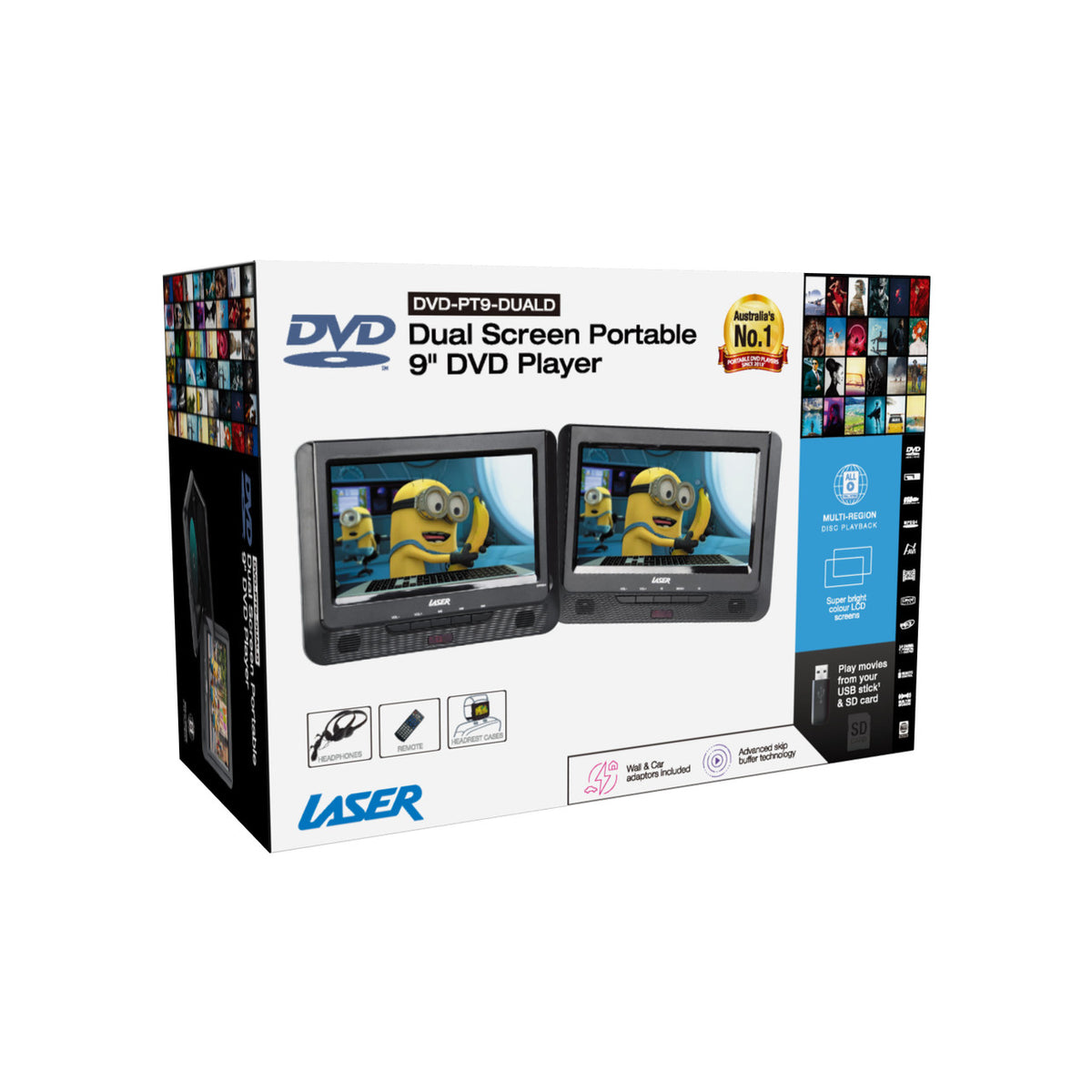 Laser DVD Player | 9" Dual Screen | Black