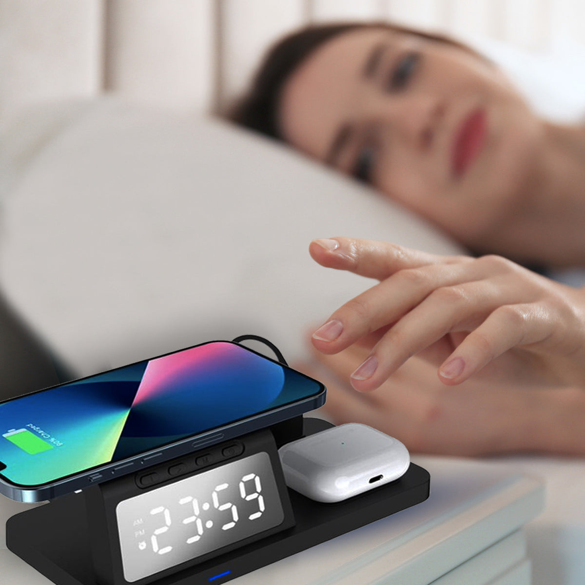 Laser 3-in-1 Charging Station | Wireless Charger + Alarm Clock | Black