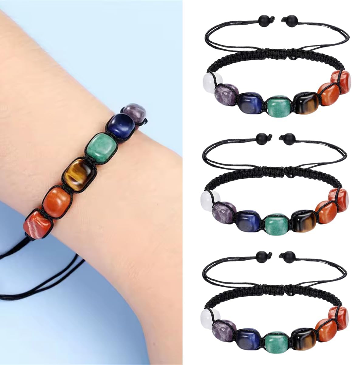 7 Chakra Bracelet | Natural Gemstone Beaded Bracelet | Adjustable Braided Crystal Jewellery | Reiki Yoga Healing