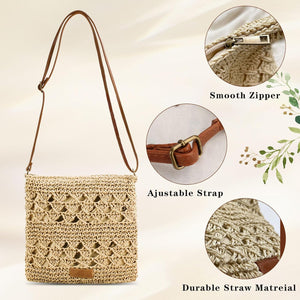 Straw Bag for Women | Small Boho Beach Crossbody Bag | Handmade Woven Shoulder Handbag | Summer Travel