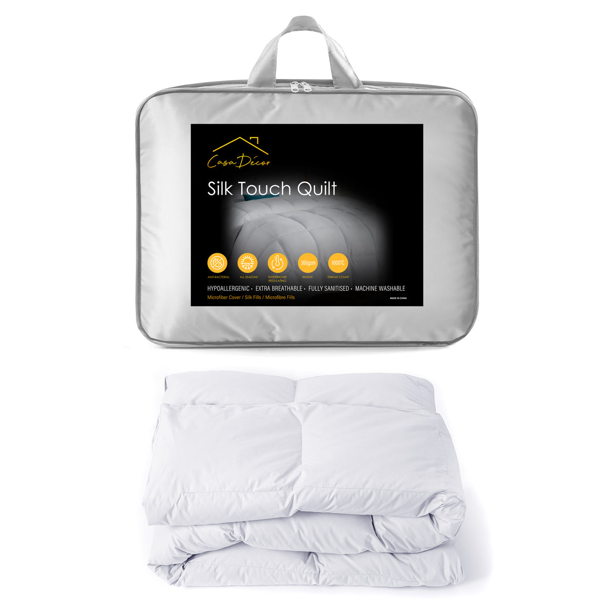 Casa Decor Silk Touch Quilt | 360GSM | All Seasons | Antibacterial | Hypoallergenic | Double | White