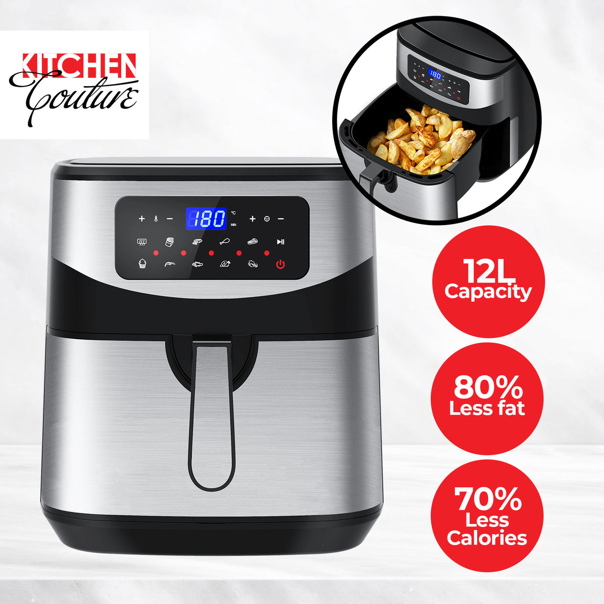 Kitchen Couture 12 Litre Air Fryer | Multifunctional | LCD One Touch Display | Silver
