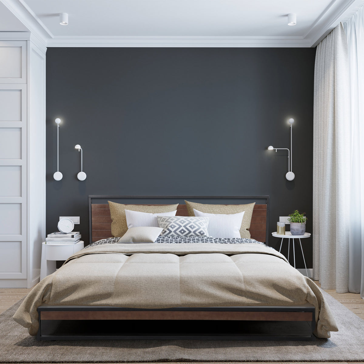 Milano Decor Azure Bed Frame with Headboard | Black Wood & Steel Platform | Single Size | Black