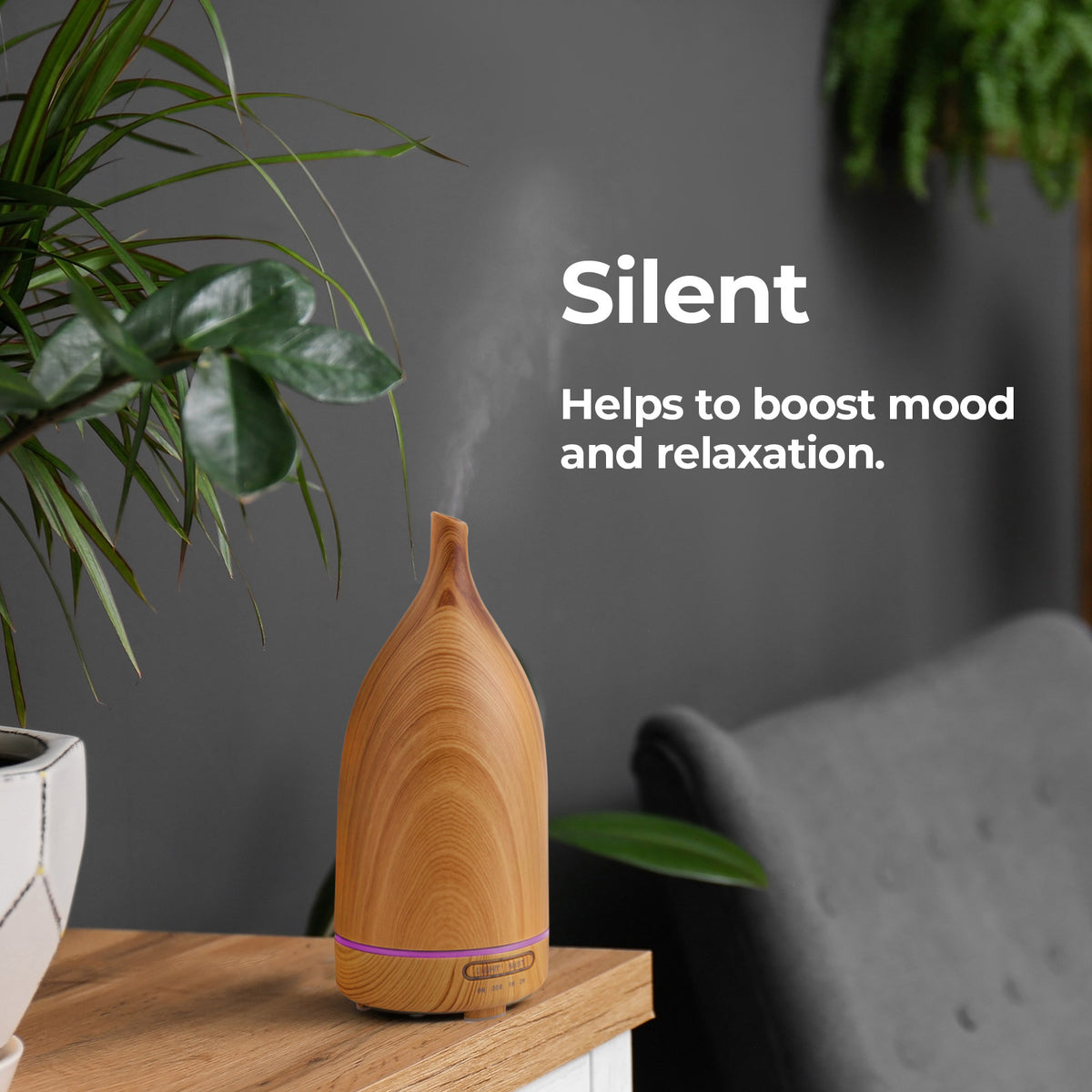 Decor Aroma Diffuser | 100ml Ultrasonic Humidifier | Purifier | 3 Pack Oils | Light Wood