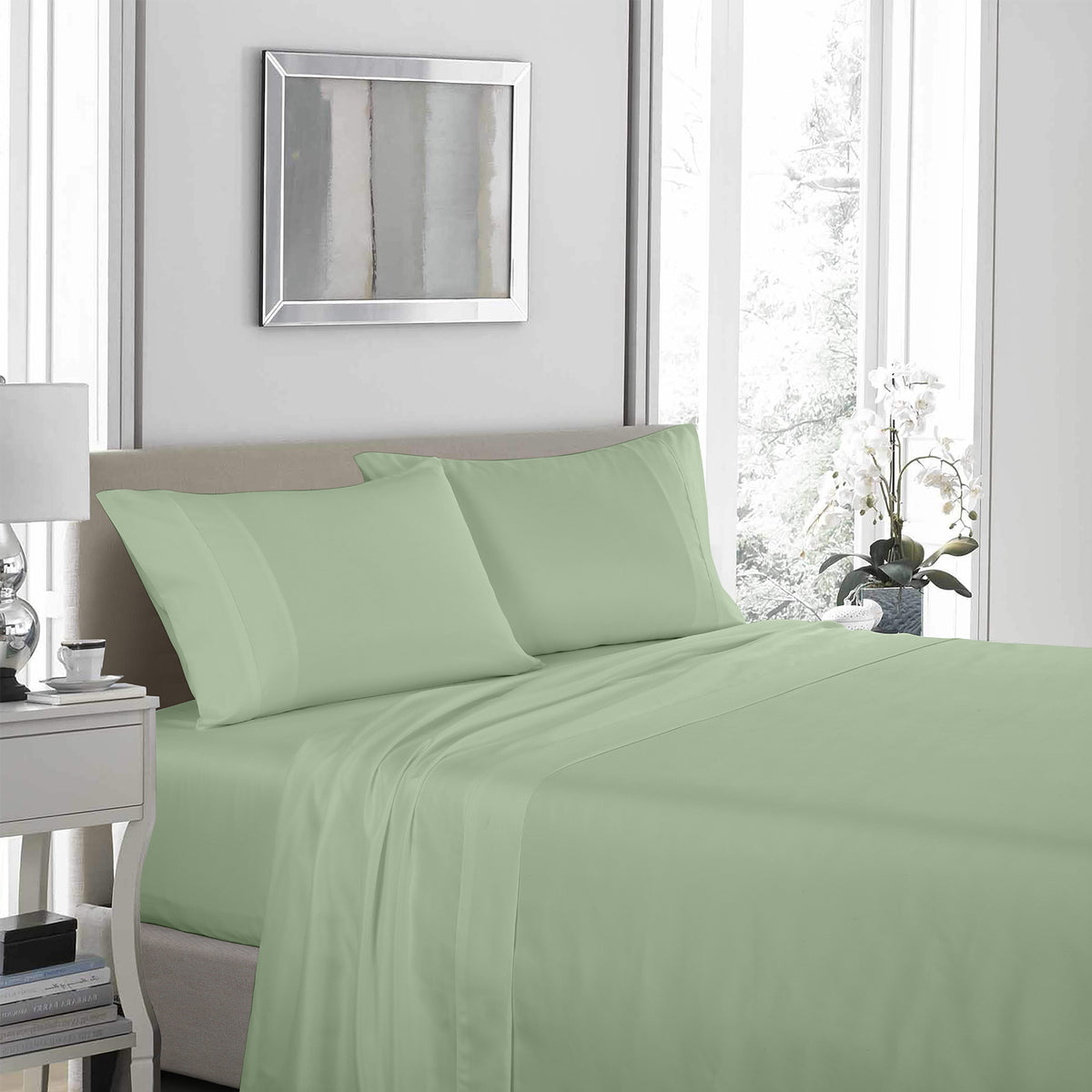 1200 Thread Count Sheet Set | 4 Piece Ultra Soft Satin Weave Finish | King | Sage Green