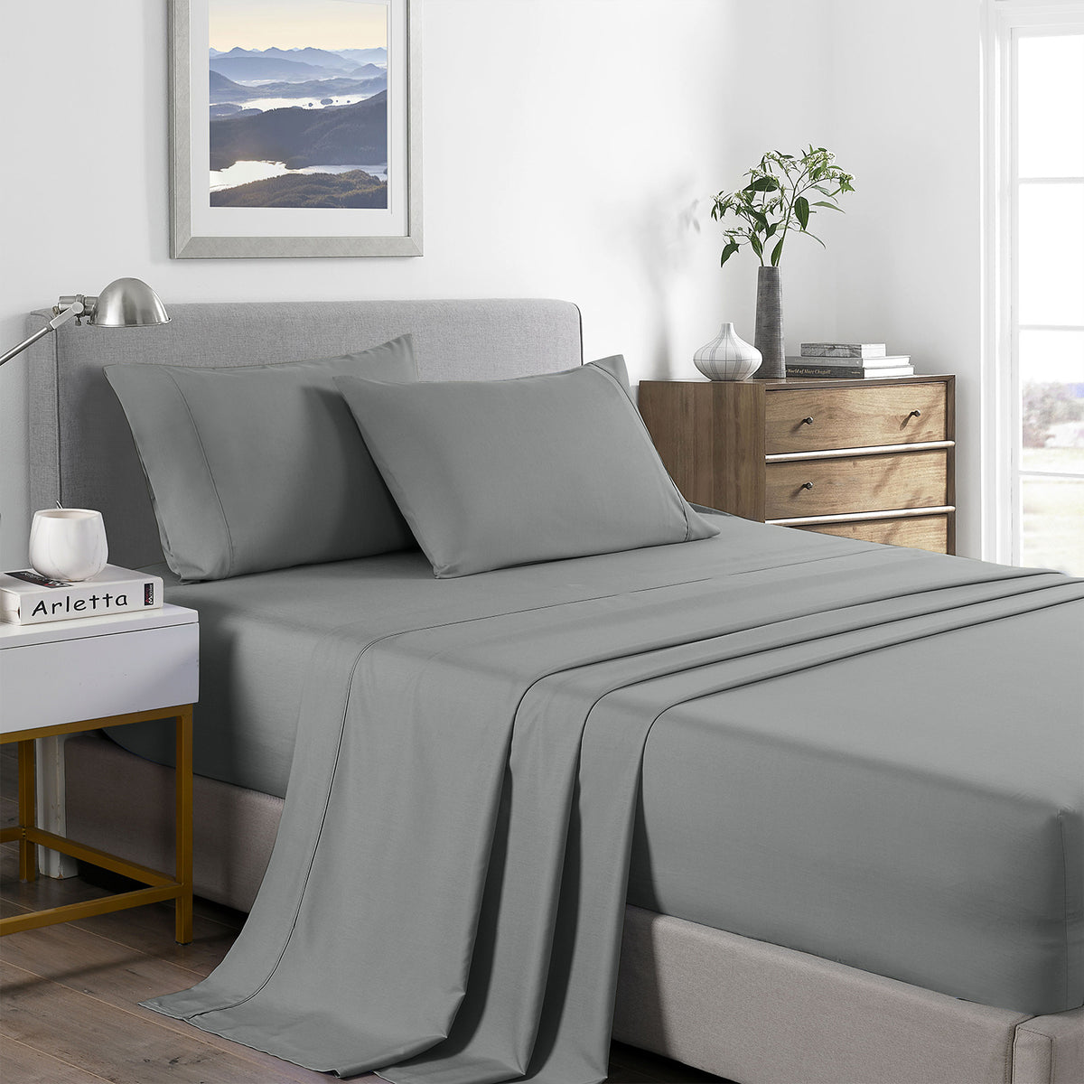 2000 Thread Count Bamboo Cooling Sheet Set | Ultra Soft Bedding | King | Mid Grey