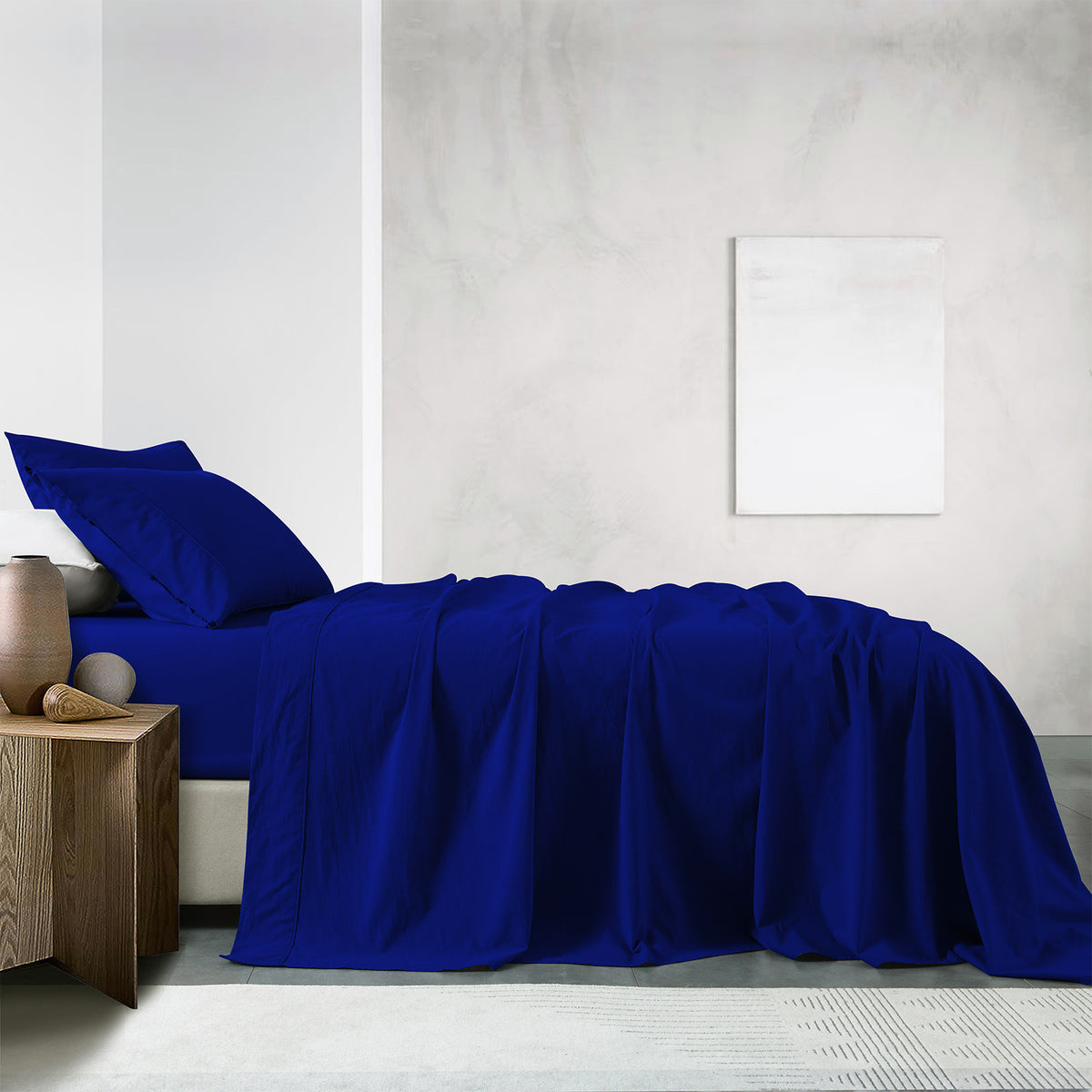 Vintage Washed 100% Cotton Sheet Set | Fitted & Flat Sheets | Pillowcases | Single | Royal Blue