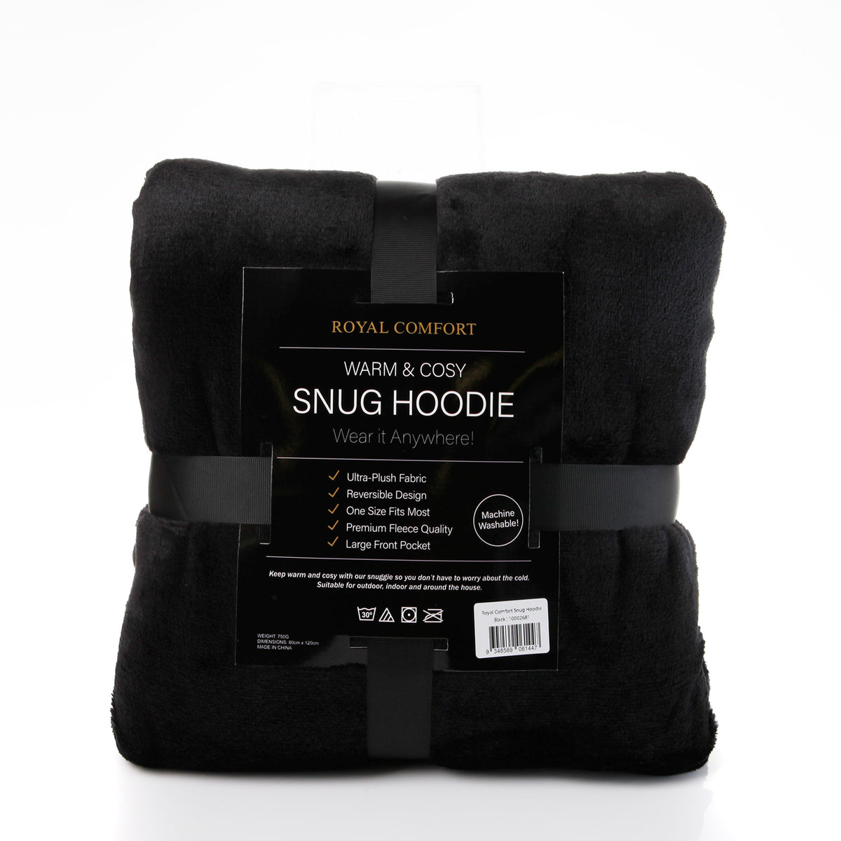 Snug Hoodie Nightwear | Super Soft Reversible Coral Fleece 750GSM | Black