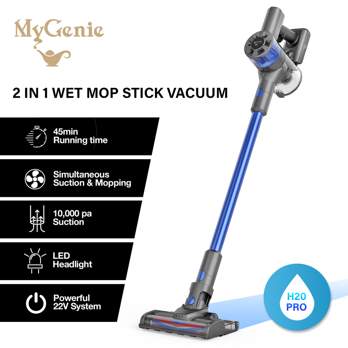 MyGenie H20 PRO Wet Mop 2-IN-1 Cordless Stick Vacuum Cleaner | Handheld Recharge | Blue