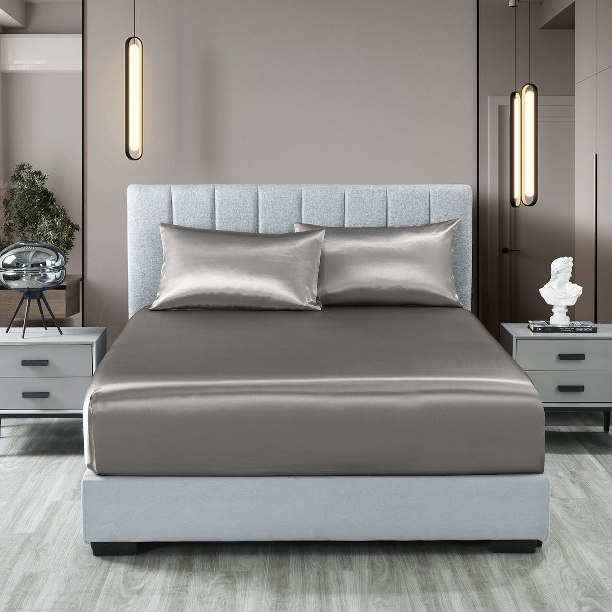 Satin Sheet Set | 3 Piece Fitted Sheet & Pillowcase | Soft | Queen | Charcoal