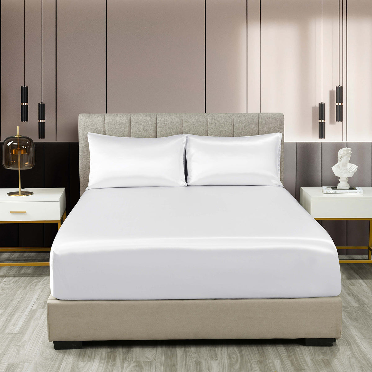Satin Sheet Set | 3 Piece Fitted Sheet & Pillowcase | Soft | King | White