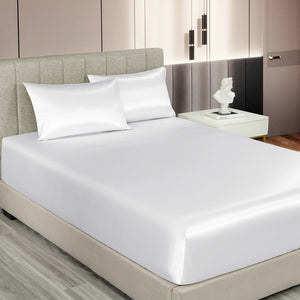 Satin Sheet Set | 3 Piece Fitted Sheet & Pillowcase | Soft | King | White