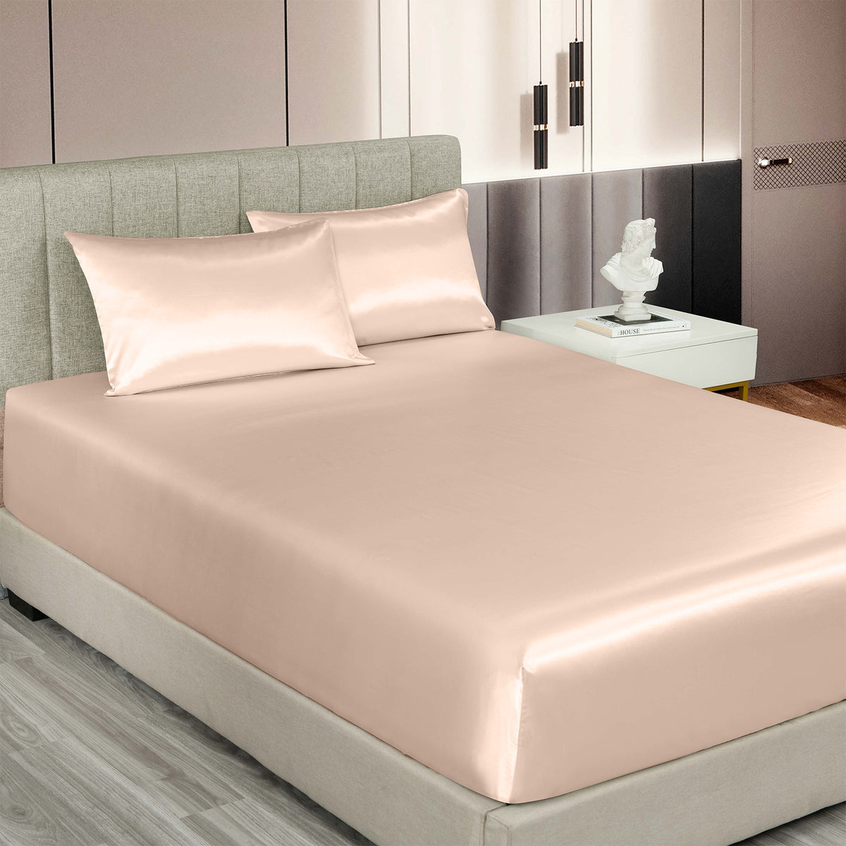 Satin Sheet Set | 3 Piece Fitted Sheet & Pillowcase | Soft | King | Champagne Pink