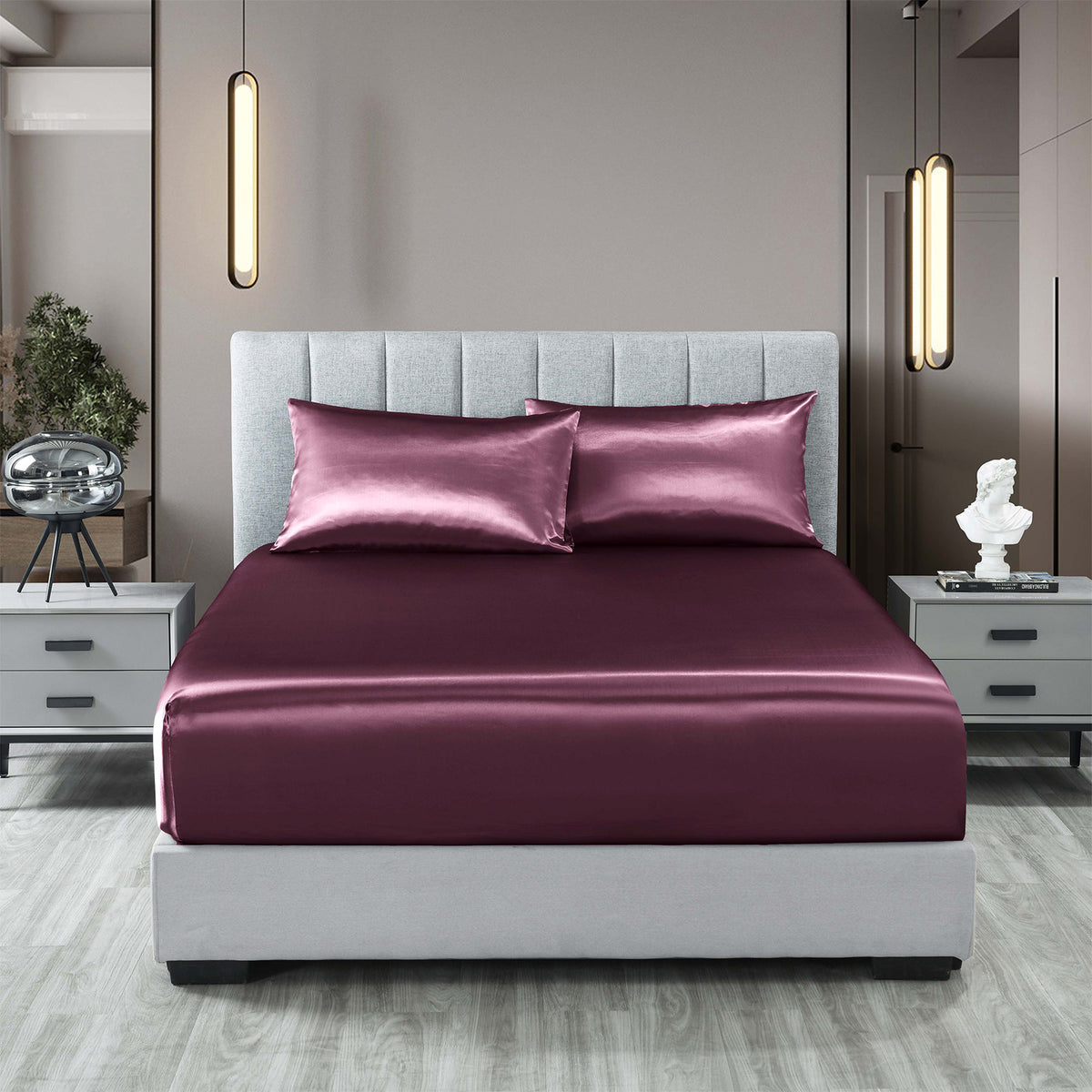 Satin Sheet Set | 3 Piece Fitted Sheet & Pillowcase | Soft | King | Malaga Wine