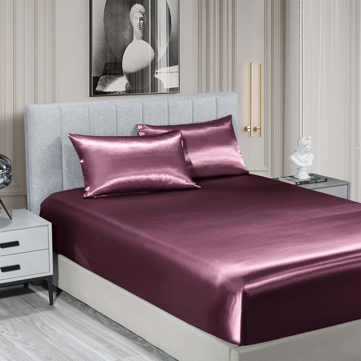 Satin Sheet Set | 3 Piece Fitted Sheet & Pillowcase | Soft | King | Malaga Wine