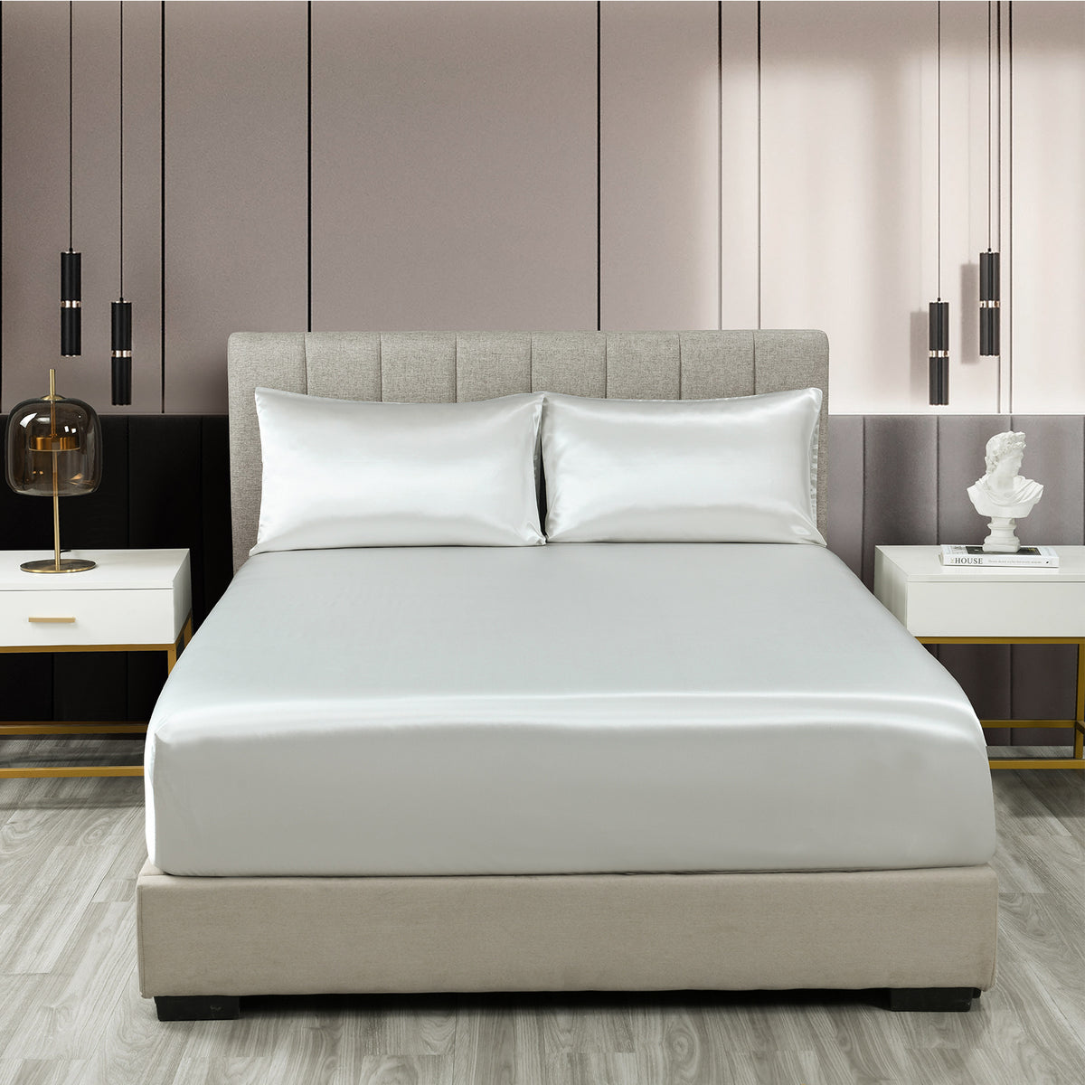 Satin Sheet Set | 3 Piece Fitted Sheet & Pillowcase | Soft | King | Silver