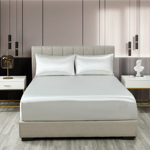 Satin Sheet Set | 3 Piece Fitted Sheet & Pillowcase | Soft | King | Silver