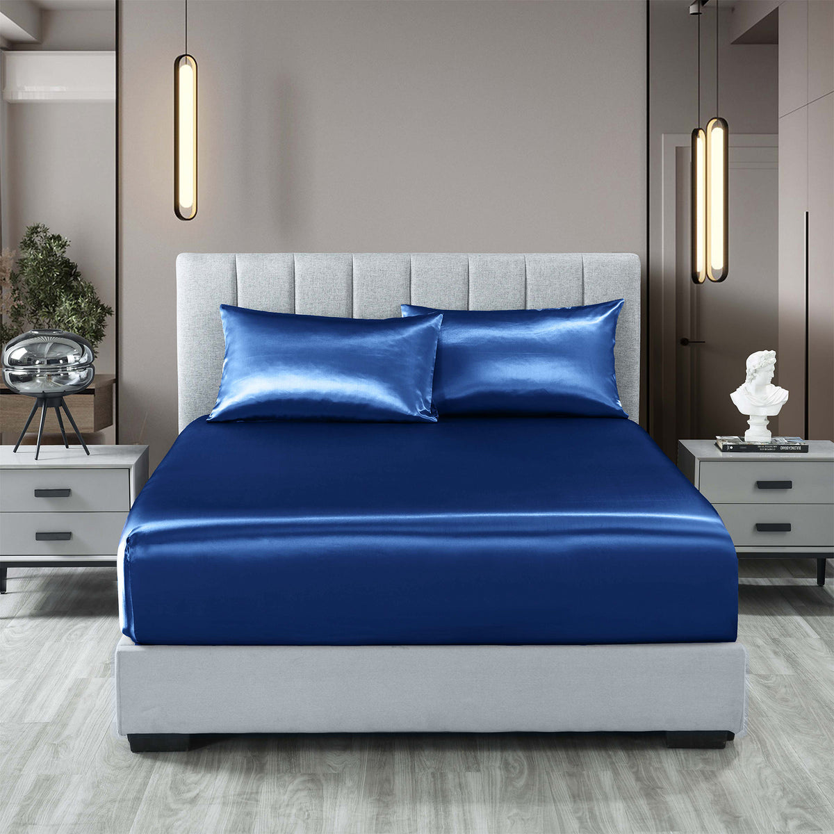 Satin Sheet Set | 3 Piece Fitted Sheet & Pillowcase | Soft | King | Navy Blue